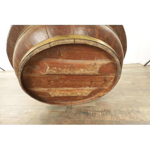 885 - A LARGE 19TH CENTURY PITCH PINE COOPERED BOWL OF LARGE SIZE with shaped sides and brass bands (77cm ... 