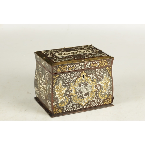 886 - A 19TH CENTURY FRENCH BRASS, PEWTER AND IVORY INLAID ROSEWOOD TOBACCO BOX of bombe form intricately ... 