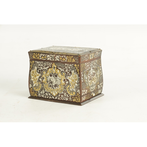 886 - A 19TH CENTURY FRENCH BRASS, PEWTER AND IVORY INLAID ROSEWOOD TOBACCO BOX of bombe form intricately ... 