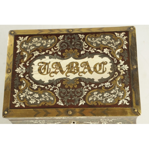 886 - A 19TH CENTURY FRENCH BRASS, PEWTER AND IVORY INLAID ROSEWOOD TOBACCO BOX of bombe form intricately ... 