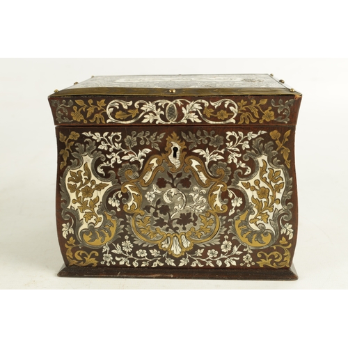 886 - A 19TH CENTURY FRENCH BRASS, PEWTER AND IVORY INLAID ROSEWOOD TOBACCO BOX of bombe form intricately ... 