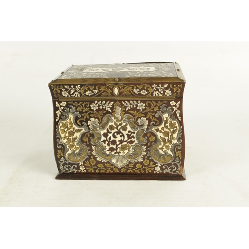 886 - A 19TH CENTURY FRENCH BRASS, PEWTER AND IVORY INLAID ROSEWOOD TOBACCO BOX of bombe form intricately ... 