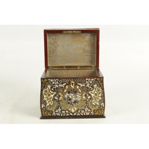 886 - A 19TH CENTURY FRENCH BRASS, PEWTER AND IVORY INLAID ROSEWOOD TOBACCO BOX of bombe form intricately ... 