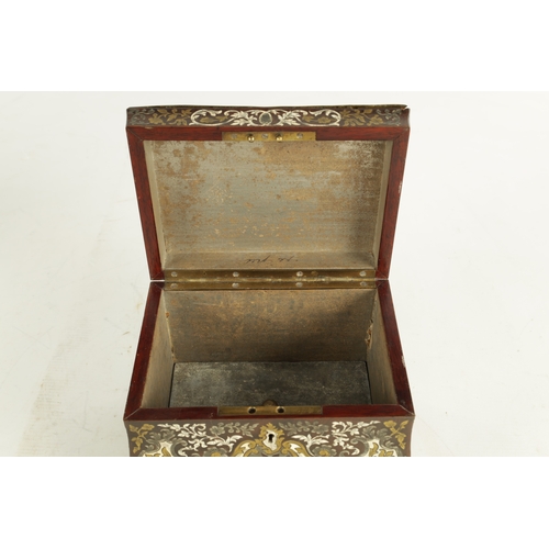 886 - A 19TH CENTURY FRENCH BRASS, PEWTER AND IVORY INLAID ROSEWOOD TOBACCO BOX of bombe form intricately ... 