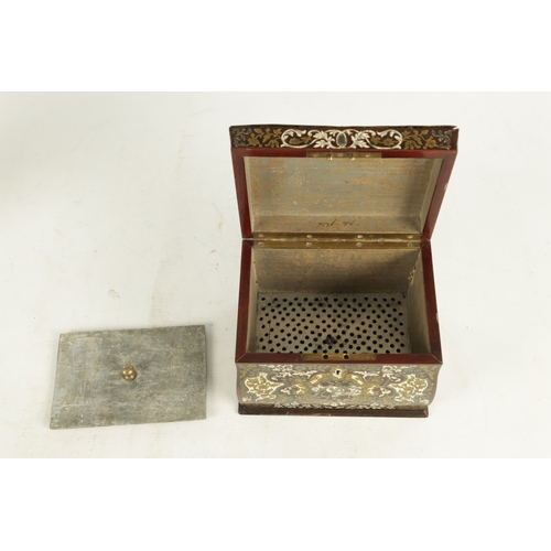 886 - A 19TH CENTURY FRENCH BRASS, PEWTER AND IVORY INLAID ROSEWOOD TOBACCO BOX of bombe form intricately ... 