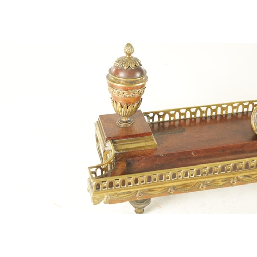 896 - AN 18TH CENTURY ORMOLU MOUNTED MAHOGANY FRENCH EMPIRE STYLE DESK STAND with urn shaped inkwells and ... 