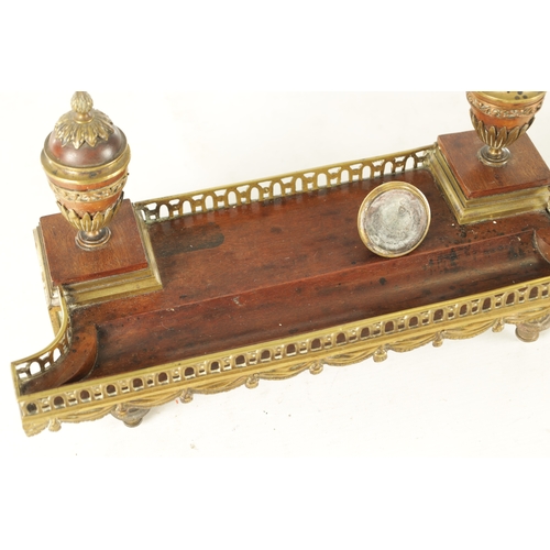 896 - AN 18TH CENTURY ORMOLU MOUNTED MAHOGANY FRENCH EMPIRE STYLE DESK STAND with urn shaped inkwells and ... 