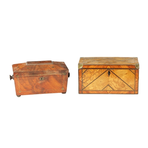 902 - TWO EARLY 19TH CENTURY TEA CADDIE a bare elm caddy with ebony strung inlay and brass corners togethe... 