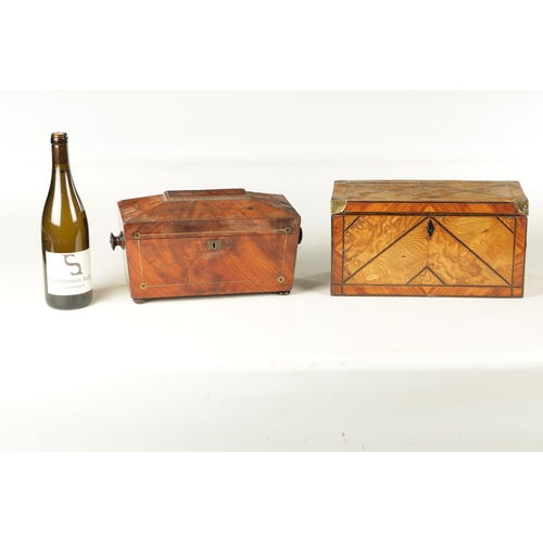 902 - TWO EARLY 19TH CENTURY TEA CADDIE a bare elm caddy with ebony strung inlay and brass corners togethe... 