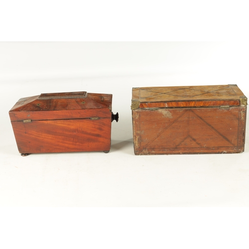 902 - TWO EARLY 19TH CENTURY TEA CADDIE a bare elm caddy with ebony strung inlay and brass corners togethe... 