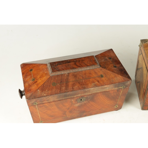 902 - TWO EARLY 19TH CENTURY TEA CADDIE a bare elm caddy with ebony strung inlay and brass corners togethe... 