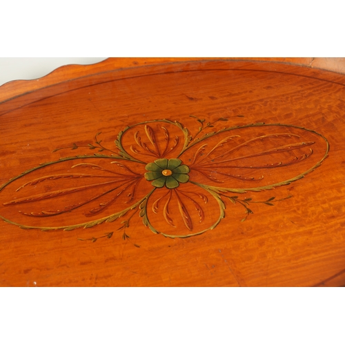 903 - A LATE 19TH CENTURY PAINTED SATINWOOD OVAL TRAY with shaped gallery and brass side handles. (65cm wi... 