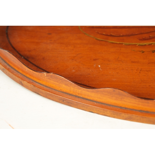 903 - A LATE 19TH CENTURY PAINTED SATINWOOD OVAL TRAY with shaped gallery and brass side handles. (65cm wi... 