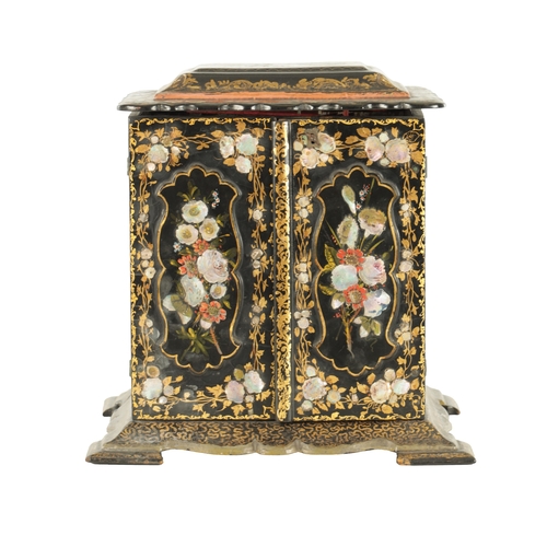 905 - A 19TH CENTURY LACQUERWORK JEWELLERY CABINET with mother of pearl inlay and painted floral work pane... 