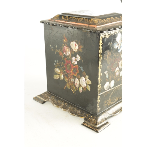 905 - A 19TH CENTURY LACQUERWORK JEWELLERY CABINET with mother of pearl inlay and painted floral work pane... 