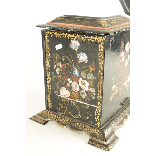 905 - A 19TH CENTURY LACQUERWORK JEWELLERY CABINET with mother of pearl inlay and painted floral work pane... 