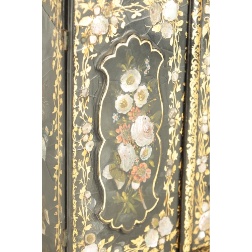 905 - A 19TH CENTURY LACQUERWORK JEWELLERY CABINET with mother of pearl inlay and painted floral work pane... 