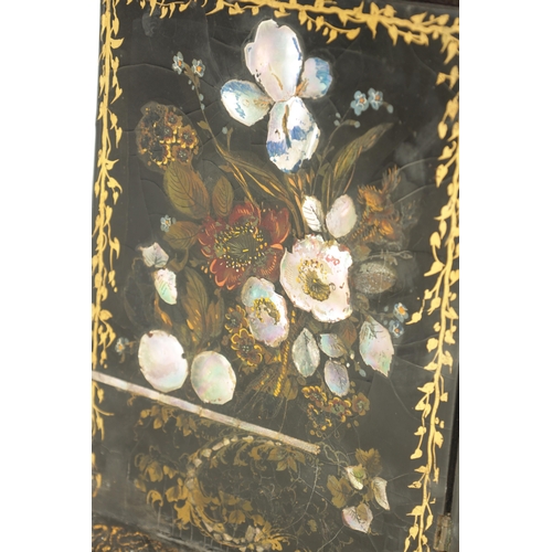 905 - A 19TH CENTURY LACQUERWORK JEWELLERY CABINET with mother of pearl inlay and painted floral work pane... 