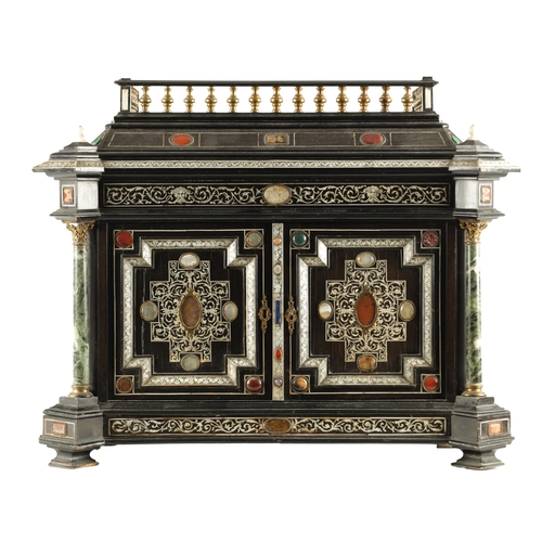 906 - A 19TH CENTURY ITALIAN EBONISED AND IVORY INLAID COLLECTORS CABINET with precious stone medallions, ... 