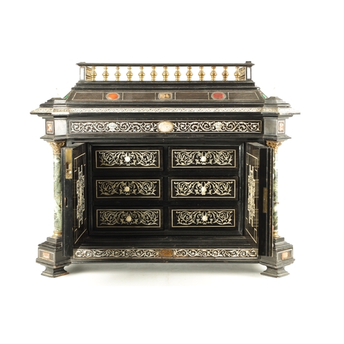 906 - A 19TH CENTURY ITALIAN EBONISED AND IVORY INLAID COLLECTORS CABINET with precious stone medallions, ... 