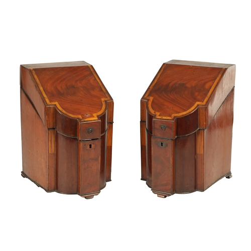 907 - A PAIR OF GEORGE III MAHOGANY AND SATINWOOD BANDED KNIFE BOXES having outset fronts with hinged tops... 