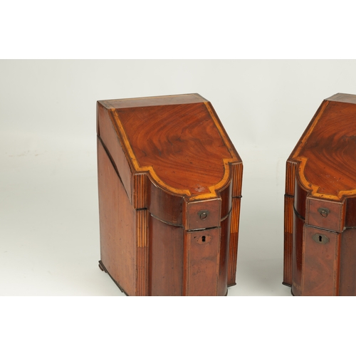 907 - A PAIR OF GEORGE III MAHOGANY AND SATINWOOD BANDED KNIFE BOXES having outset fronts with hinged tops... 