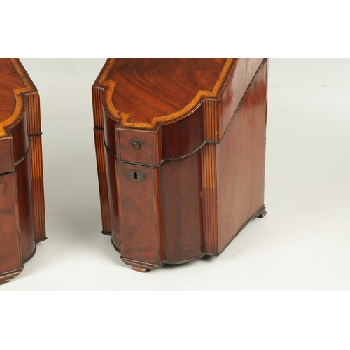 907 - A PAIR OF GEORGE III MAHOGANY AND SATINWOOD BANDED KNIFE BOXES having outset fronts with hinged tops... 