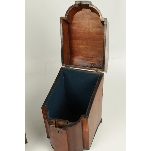 907 - A PAIR OF GEORGE III MAHOGANY AND SATINWOOD BANDED KNIFE BOXES having outset fronts with hinged tops... 