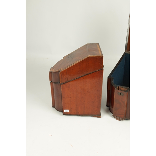 907 - A PAIR OF GEORGE III MAHOGANY AND SATINWOOD BANDED KNIFE BOXES having outset fronts with hinged tops... 