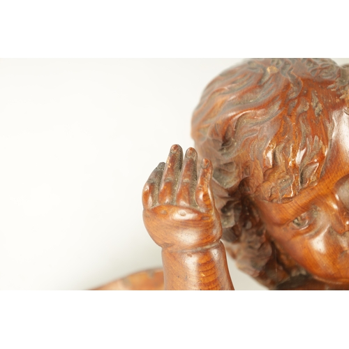 908 - A 19TH CENTURY ITALIAN CARVED WALNUT SCULPTURE of a winged cherub (37cm high 28cm wide )