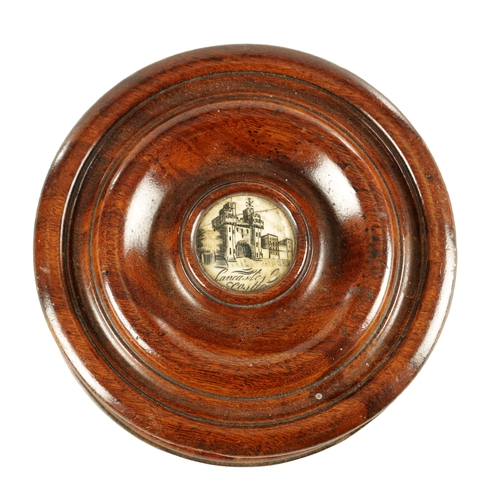 909 - A GEORGE III TREEN TURNED WALNUT SNUFF BOX with engraved bone centre depicting Lancaster Castle (13c... 