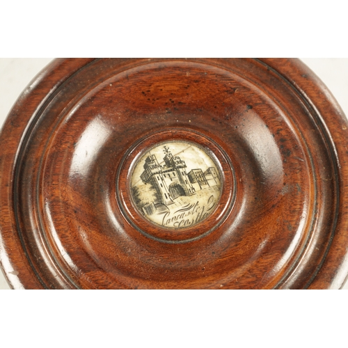 909 - A GEORGE III TREEN TURNED WALNUT SNUFF BOX with engraved bone centre depicting Lancaster Castle (13c... 