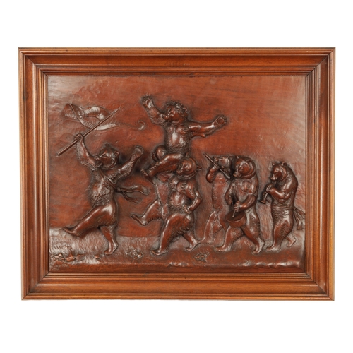 914 - A GOOD LATE 19TH CENTURY CARVED LINDEN WOOD BLACK FOREST HANGING PLAQUE depicting bears playing inst... 