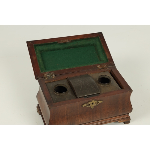 917 - AN UNUSUAL EARLY GEORGE III MAHOGANY TEA CADDY OF OGEE SHAPE the hinged moulded top with folding bra... 