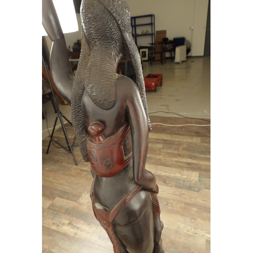 922 - A LARGE AFRICAN HARDWOOD SCULPTURE OF FEMALE WITH A CHILD (159cm high)