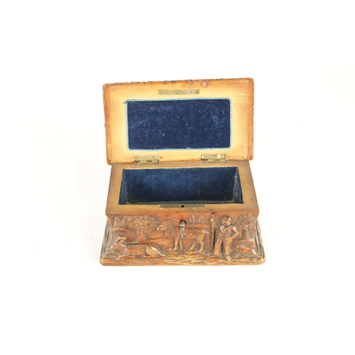 923 - A 19TH CENTURY BLACK FOREST CARVED LINDEN WOOD JEWELLERY BOX with figural hinged lid and farm yard s... 