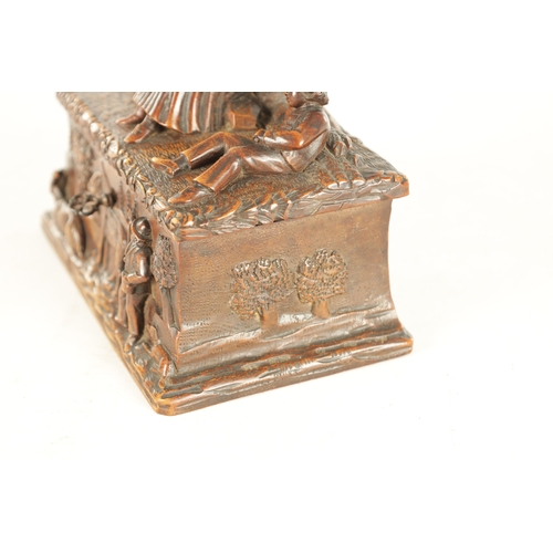 923 - A 19TH CENTURY BLACK FOREST CARVED LINDEN WOOD JEWELLERY BOX with figural hinged lid and farm yard s... 