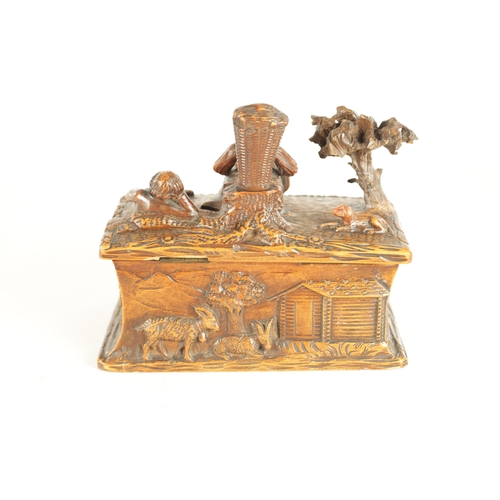 923 - A 19TH CENTURY BLACK FOREST CARVED LINDEN WOOD JEWELLERY BOX with figural hinged lid and farm yard s... 