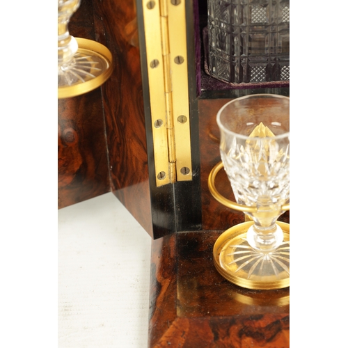 924 - A FINE VICTORIAN FIGURED WALNUT AND GILT CUT BRASS MOUNTED SPIRIT TANTALUS LABELLED EDWARDS & JONES,... 