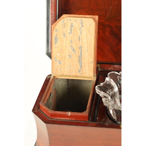 926 - A WILLIAM IV MAHOGANY AND EBONISED TEA CADDY of sarcophagus shape with hinged top having a fitted in... 