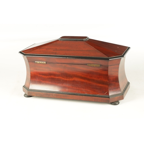 926 - A WILLIAM IV MAHOGANY AND EBONISED TEA CADDY of sarcophagus shape with hinged top having a fitted in... 