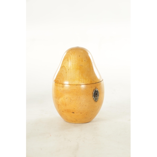 927 - A GEORGE III FRUIT WOOD TEA CADDY FORMED AS A PEAR with hinged top and oval silvered brass escutcheo... 