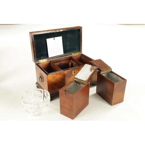 929 - A WILLIAM IV FIGURED MAHOGANY TEA CADDY with moulded edge and bun feet; having a fully fitted interi... 