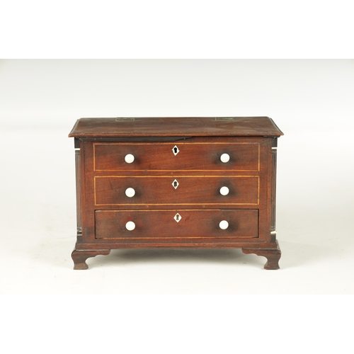 932 - A 19TH CENTURY MAHOGANY WORK BOX FORMED AS A MINIATURE CHEST with hinged lid above two dummy drawers... 