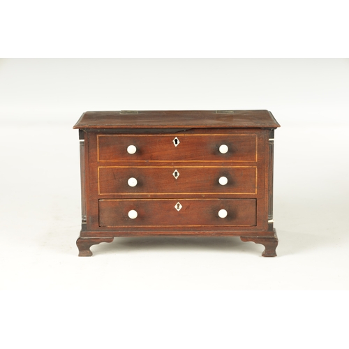 932 - A 19TH CENTURY MAHOGANY WORK BOX FORMED AS A MINIATURE CHEST with hinged lid above two dummy drawers... 