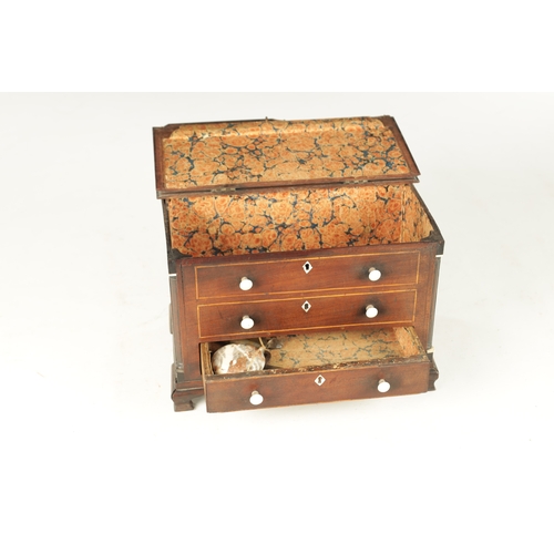 932 - A 19TH CENTURY MAHOGANY WORK BOX FORMED AS A MINIATURE CHEST with hinged lid above two dummy drawers... 