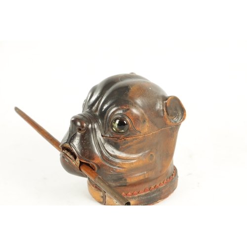 937 - A GOOD 19TH CENTURY CARVED WOOD INK STAND FORMED AS THE HEAD OF A BULLDOG the colour-tinted head wit... 