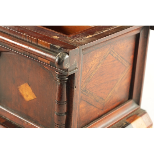 939 - AN UNUSUAL 19TH CENTURY SPECIMEN WOOD JEWELLERY CASKET MODELLED AS A SIDEBOARD with parquetry inlaid... 