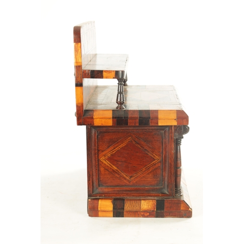 939 - AN UNUSUAL 19TH CENTURY SPECIMEN WOOD JEWELLERY CASKET MODELLED AS A SIDEBOARD with parquetry inlaid... 