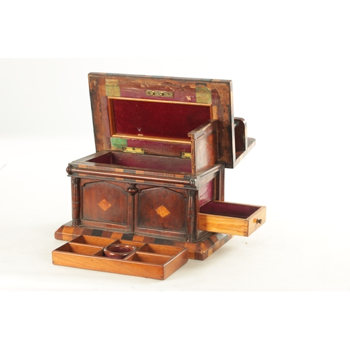 939 - AN UNUSUAL 19TH CENTURY SPECIMEN WOOD JEWELLERY CASKET MODELLED AS A SIDEBOARD with parquetry inlaid... 